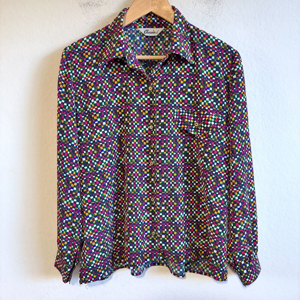 CHARMIN Vintage 90s Geometric Multicolor Retro Indie Button Down Top Womens S-M